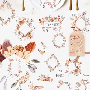 K&ouml;nnte beinhalten: Ein Set mit 20 Aquarell-Blumenrahmen in den Farben Pfirsich, Braun und Grau. Die Rahmen sind perfekt, um Ihren Hochzeitseinladungen, Dankeskarten oder anderen besonderen Anl&auml;ssen einen Hauch von Eleganz zu verleihen. Die Rahmen sind als PNG-Dateien verf&uuml;gbar.