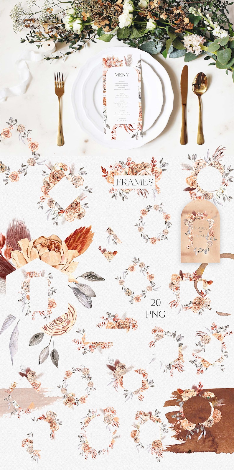 K&ouml;nnte beinhalten: Ein Set mit 20 Aquarell-Blumenrahmen in den Farben Pfirsich, Braun und Grau. Die Rahmen sind perfekt, um Ihren Hochzeitseinladungen, Dankeskarten oder anderen besonderen Anl&auml;ssen einen Hauch von Eleganz zu verleihen. Die Rahmen sind als PNG-Dateien verf&uuml;gbar.