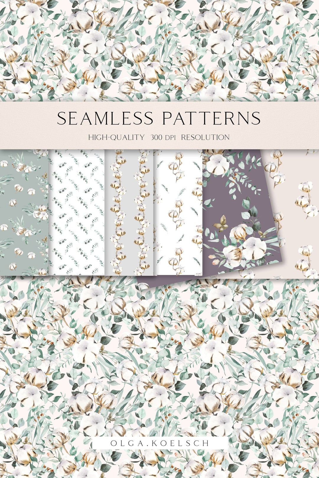 Watercolor Cotton Seamless Pattern Eucalyptus Seamless Paper - Etsy