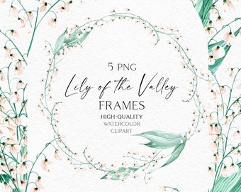 Può includere: Cinque illustrazioni ad acquerello di fiori di mughetto a forma di corona. I fiori sono bianchi con un centro marrone chiaro. Le foglie sono verdi. Il testo "5 PNG Lily of the Valley FRAMES HIGH-QUALITY WATERCOLOR CLIPART OLGA.KOELSCH" è in basso nell'immagine.