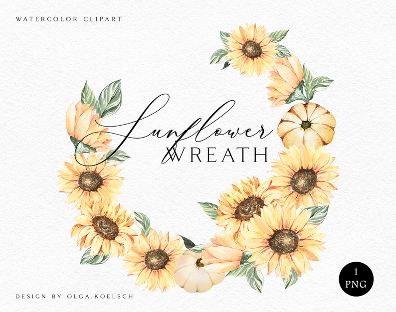 Boho sunflower logo png Watercolor sunflower wreath clipart Summer boho yellow floral watercolor png