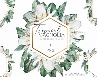 Boho tropical clipart, White magnolia floral frames. Tropical wedding borders clipart, Mothers day card diy, Baby shower, logo design 013