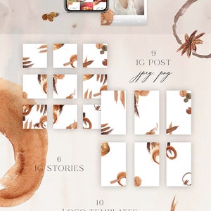 K&ouml;nnte beinhalten: Ein Satz von 10 Logo-Vorlagen mit einem Aquarell-Design in den Farben Braun, Beige und Wei&szlig;. Die Logos beinhalten einen Blumenstrau&szlig;, eine Tasse Kaffee und einen K&uuml;rbis. Der Text "CARAMEL LATTE" ist im Logo-Design enthalten.