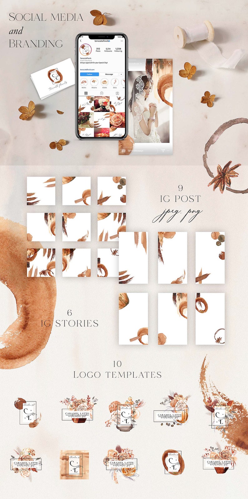 K&ouml;nnte beinhalten: Ein Satz von 10 Logo-Vorlagen mit einem Aquarell-Design in den Farben Braun, Beige und Wei&szlig;. Die Logos beinhalten einen Blumenstrau&szlig;, eine Tasse Kaffee und einen K&uuml;rbis. Der Text "CARAMEL LATTE" ist im Logo-Design enthalten.