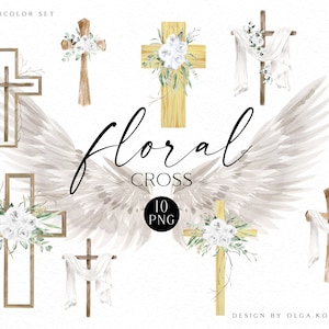Watercolor floral cross clipart, Religious easter clipart, Angel wings png, Baptism cross, First Communion clipart 019