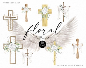Watercolor floral cross clipart, Religious easter clipart, Angel wings png, Baptism cross, First Communion clipart 019