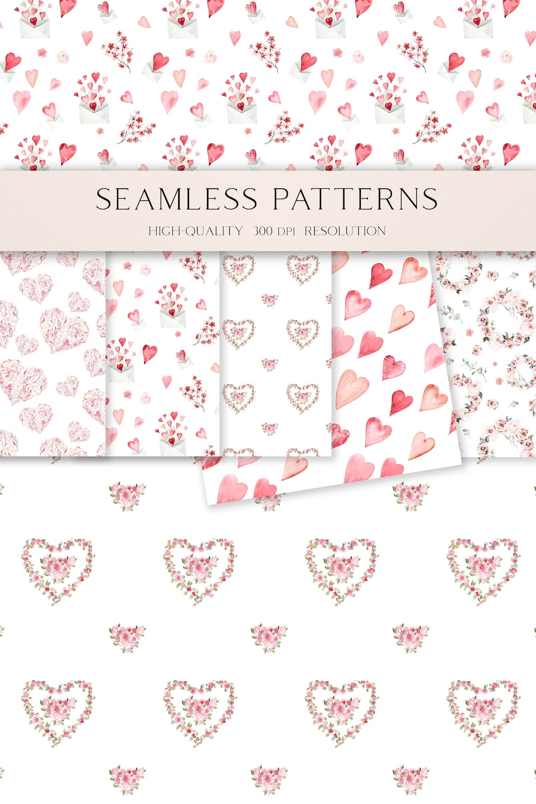 Watercolor Heart Seamless Pattern for Fabric, Pink Floral Digital Paper ...