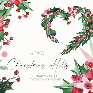 Watercolor Christmas holly clipart,  Kawaii Christmas wreath png, Digital Christmas borders for greeting cards 098