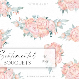 Boho Rosen Clipart, Aquarell staubrosa Blumensträuße png, Hochzeit mit Pastell Rosen, Logo, Einladungen, Babyparty 078