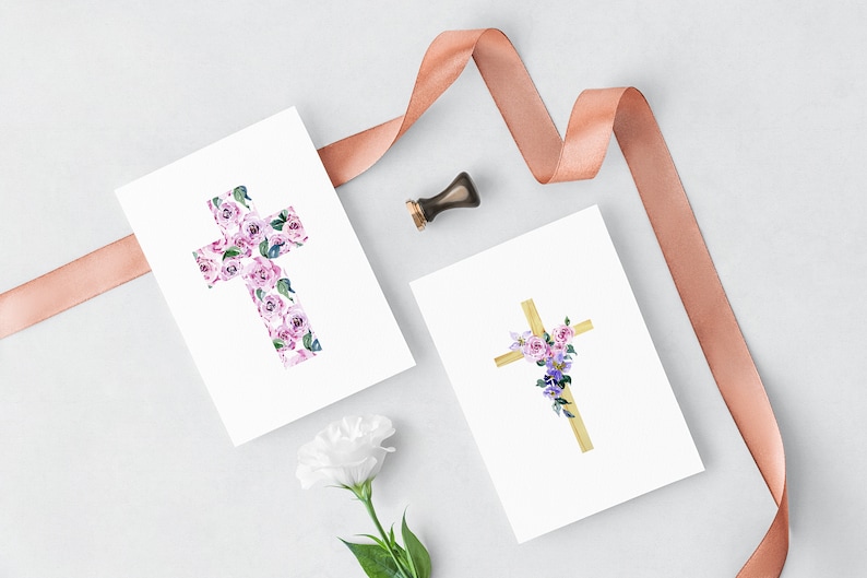 Religious easter clipart Watercolor floral cross clipart First Communion clipart baptism