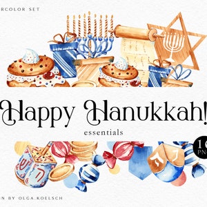 Aquarelle de Hanoucca clipart religieux religieux symbole juif carte de Hanoucca menorah, dreidel, boulangerie traditionnelle 086
