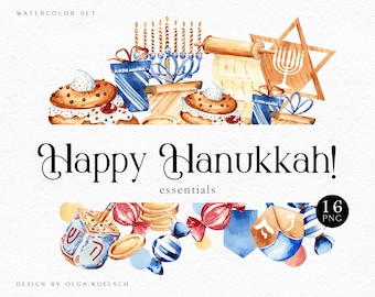 Chanoeka clipart Joodse vakantie aquarel religieuze clipart Joods symbool Chanoeka kaart menora, dreidel, traditionele bakkerij 086