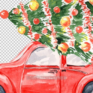 Akvarell röd jullastbil Clipart, julgran PNG (3000x3000 px) bild 8