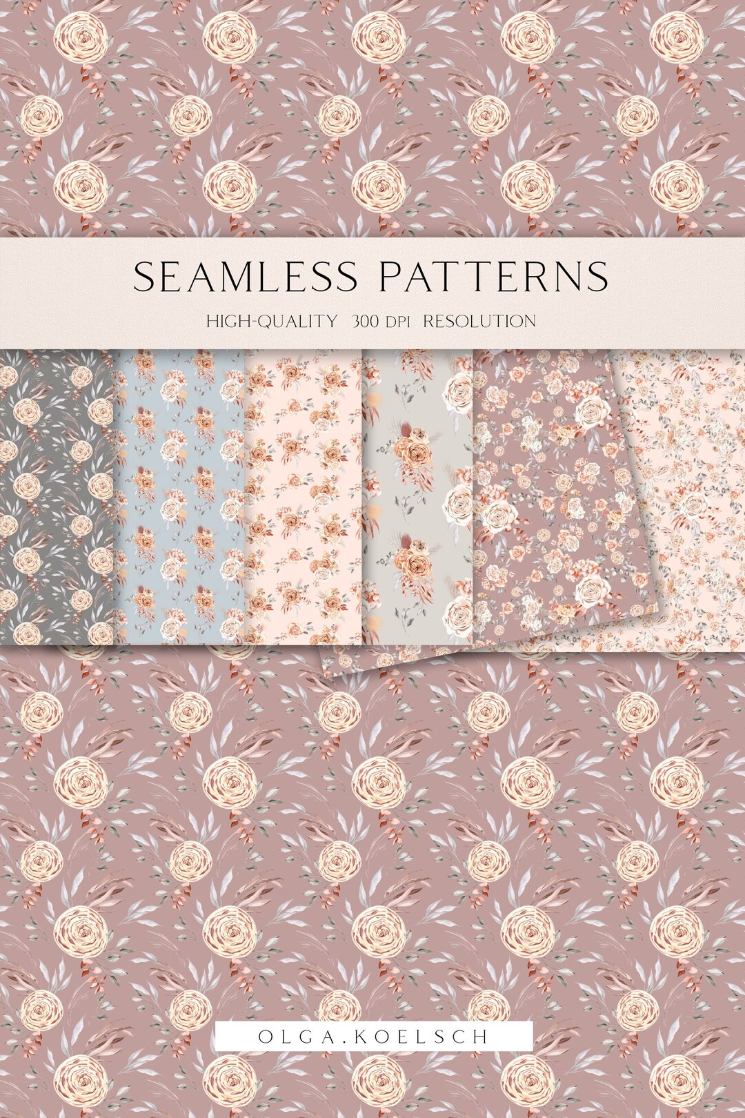Boho Flowers Watercolor Digital Paper, Floral Seamless Pattern for ...
