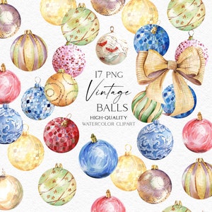 Christmas baubles clipart, Watercolor Christmas vintage ornaments png, winter clipart design elements 101