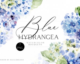 May include: Watercolor painting of blue hydrangeas in a bouquet. The image is titled "Blue Hydrangea" and says "7 PNG Watercolor Bouquets" below the title. The text "Design by Olga Koelsch" is at the bottom of the image.