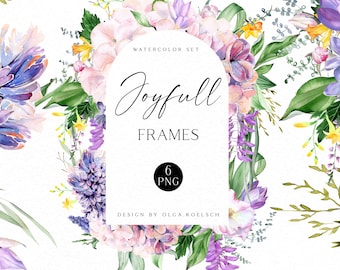Watercolor boho flower clipart, Wedding floral borders clip art,  Boho floral frames png for wedding, baby shower,  social media, logo 011
