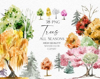 Watercolor tree clipart, Forest landscape clip art, Travel clipart with watercolor green tree, autumn tree, cherry bloom, christmas tree