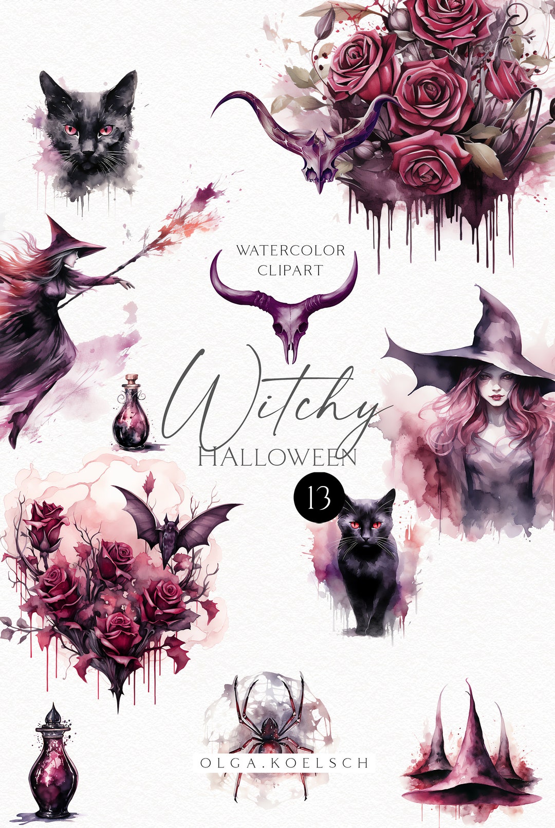 Watercolor Witchy Digital Gothic Halloween Clipart, Witchy Aesthetic ...