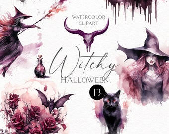 Watercolor witchy digital Gothic halloween clipart,  Witchy aesthetic pink Halloween png,  Printables for magical stickers and planner 153