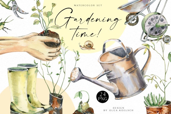 Watercolor gardening clipart, Hand-painted garden tools png, Gardening icons, Spring farmhouse clipart with potted plants png