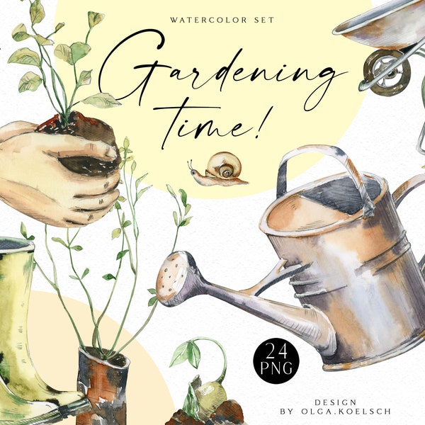 Watercolor gardening clipart, Hand-painted garden tools png, Gardening icons, Spring farmhouse clipart with potted plants png