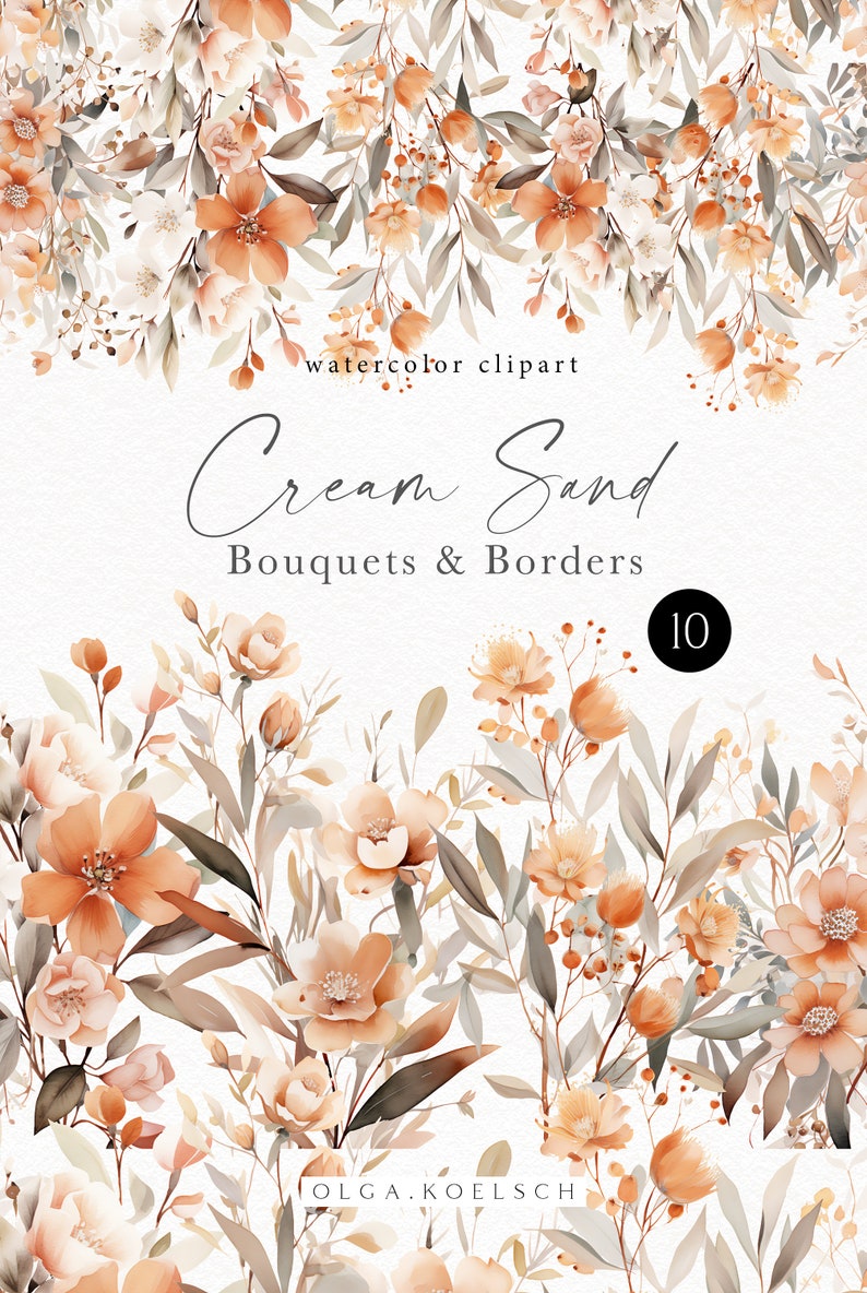 Pu&ograve; includere: Set di clipart ad acquerello di 10 bouquet e bordi in colori crema e sabbia. I disegni floreali presentano fiori e foglie delicati in tonalit&agrave; beige, marrone e arancio.