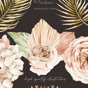 May include: A set of 27 high-quality watercolor illustrations of boho florals, including palm leaves, roses, and dried flowers. The illustrations are perfect for creating invitations, cards, and other digital or printed projects.