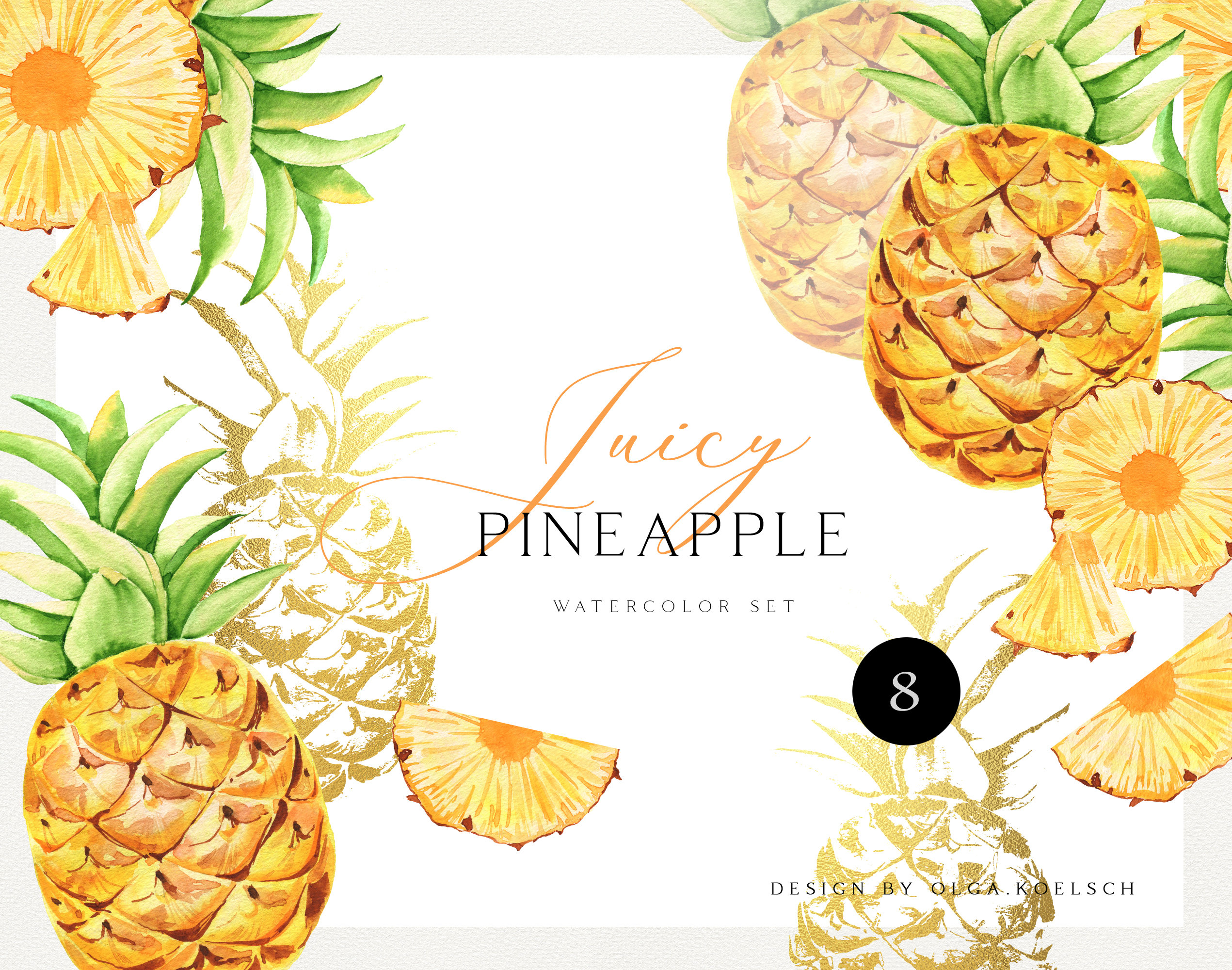 Clipart de piña en acuarela, frutas tropicales con textura dorada (PNG ...