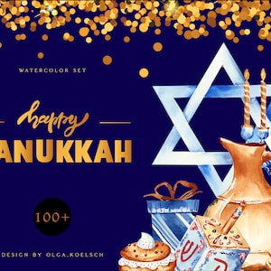 Clipart aquarelle de vacances juives de Hanoucca Menorah dessiné main, dreidel, boulangerie traditionnelle clipart religieux symbole juif 086