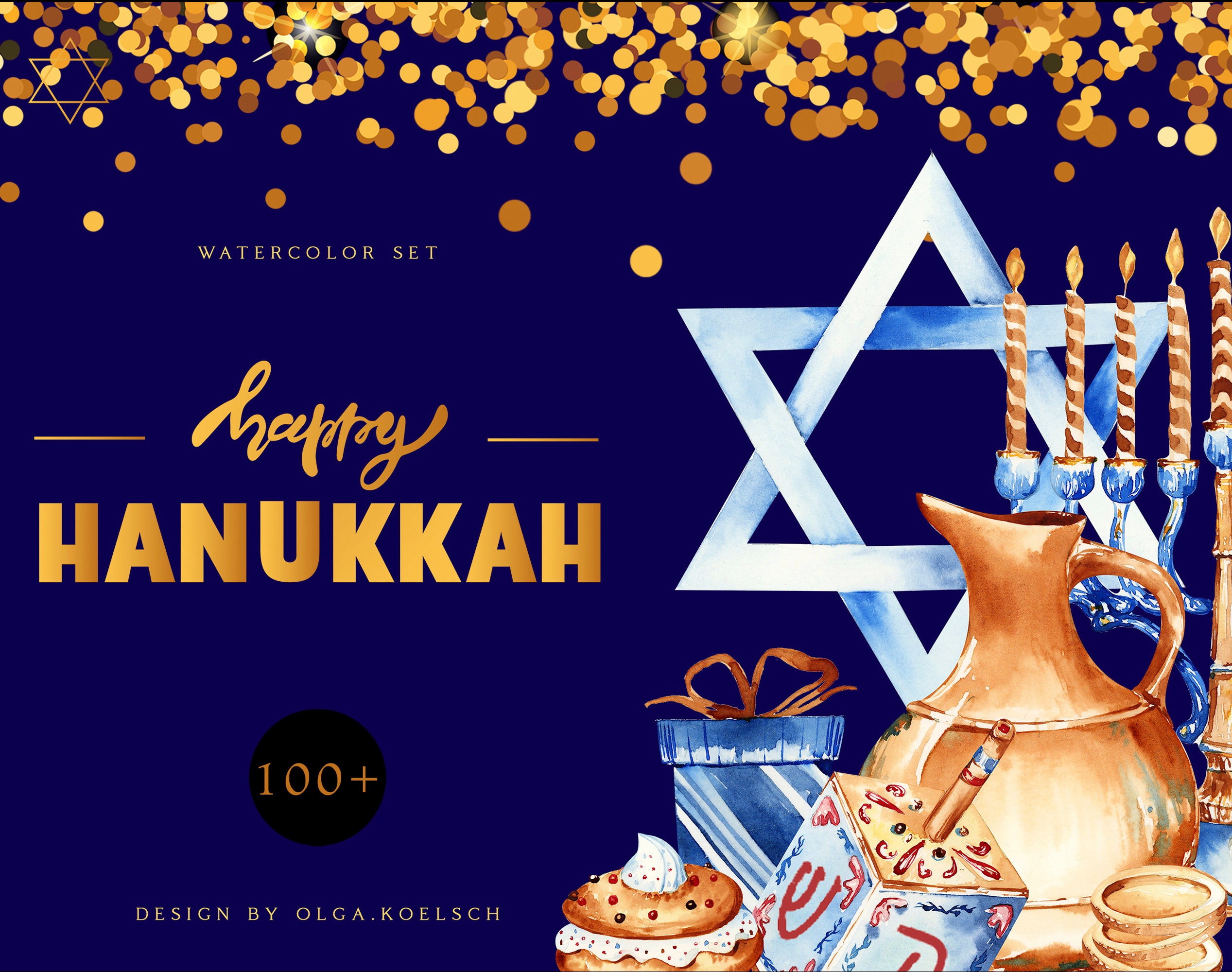 Chanoeka Joodse vakantie aquarel clipart handgetekende menora, dreidel, traditionele bakkerij religieuze clipart joods symbool 086