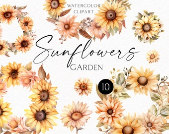Watercolor sunflower clipart, Boho sunflower wreath png for wedding invitation, Sunflower elements baby shower cards, Commercial Use 156