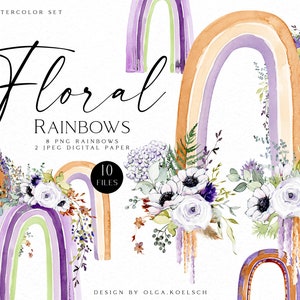 Clipart arc-en-ciel bohème aquarelle, png floral arc-en-ciel pour faire-part de mariage, décoration de chambre d'enfant, mois de la fierté, jeu de fabrication de cartes d'anniversaire 025