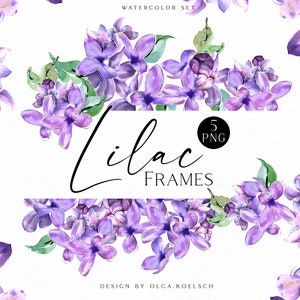 Clipart lilas aquarelle, clipart cadres floraux avec png fleur lilas violet, bordures florales pour mariage de printemps, cartes de Pâques bricolage.