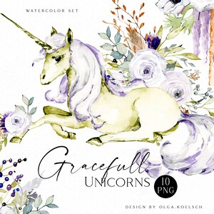 Clipart de unicornio de acuarela, decoración de unicornio para cumpleaños de niña, baby shower mágico de acuarela, ideas de pegatinas de unicornio 025
