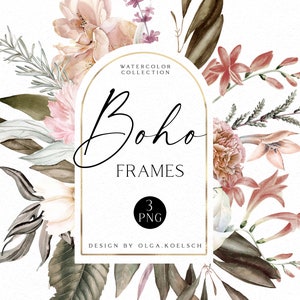 Watercolor Boho roses border clipart, Blush and burgundy watercolor roses, Golden frames png for Wedding invitations, baby shower 009