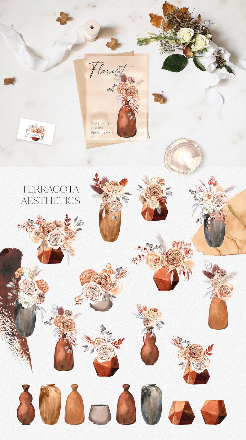 K&ouml;nnte beinhalten: Aquarell-Illustrationen von Terrakotta-Vasen mit Blumenstr&auml;u&szlig;en in verschiedenen Stilen. Die Blumen sind in Creme-, Beige- und Braunt&ouml;nen gehalten. Die Vasen sind in Braun-, Beige- und Graut&ouml;nen gehalten. Der Text "Terracotta Aesthetics" befindet sich oben im Bild.