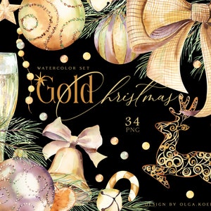Enfeites de Natal dourados clipart, aquarela de Natal png, taça de champanhe, sino, anjo clipart. Inverno clipart natal diy 074