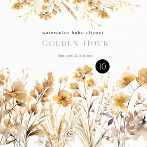 Pu&ograve; includere: Set di 10 clipart ad acquerello di bouquet e bordi di ora dorata con fiori secchi ed erbe in tonalit&agrave; beige, marrone e giallo. Il testo "watercolor boho clipart GOLDEN HOUR Bouquets & Borders 10" &egrave; incluso nell'immagine.
