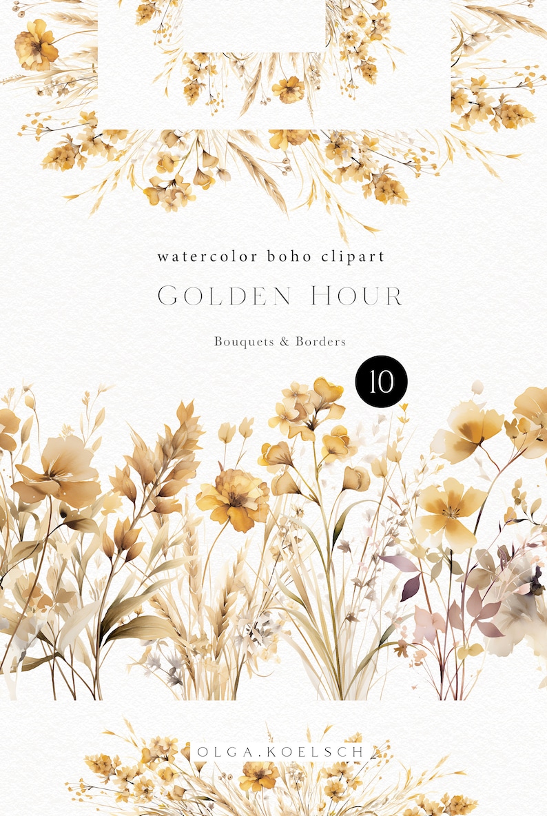Pu&ograve; includere: Set di 10 clipart ad acquerello di bouquet e bordi di ora dorata con fiori secchi ed erbe in tonalit&agrave; beige, marrone e giallo. Il testo "watercolor boho clipart GOLDEN HOUR Bouquets & Borders 10" &egrave; incluso nell'immagine.