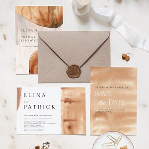 K&ouml;nnte beinhalten: Ein Satz von drei Hochzeitseinladungen mit Aquarellhintergr&uuml;nden in Braun- und Oranget&ouml;nen. Die Einladungen zeigen den Text "ELINA'S BRIDAL SHOWER", "ELINA and PATRICK" und "SAVE the DATE".