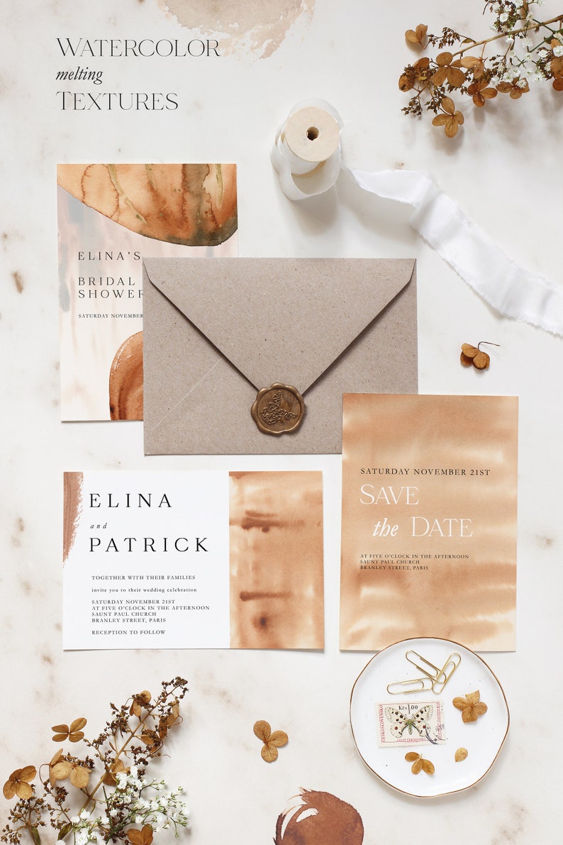 K&ouml;nnte beinhalten: Ein Satz von drei Hochzeitseinladungen mit Aquarellhintergr&uuml;nden in Braun- und Oranget&ouml;nen. Die Einladungen zeigen den Text "ELINA'S BRIDAL SHOWER", "ELINA and PATRICK" und "SAVE the DATE".
