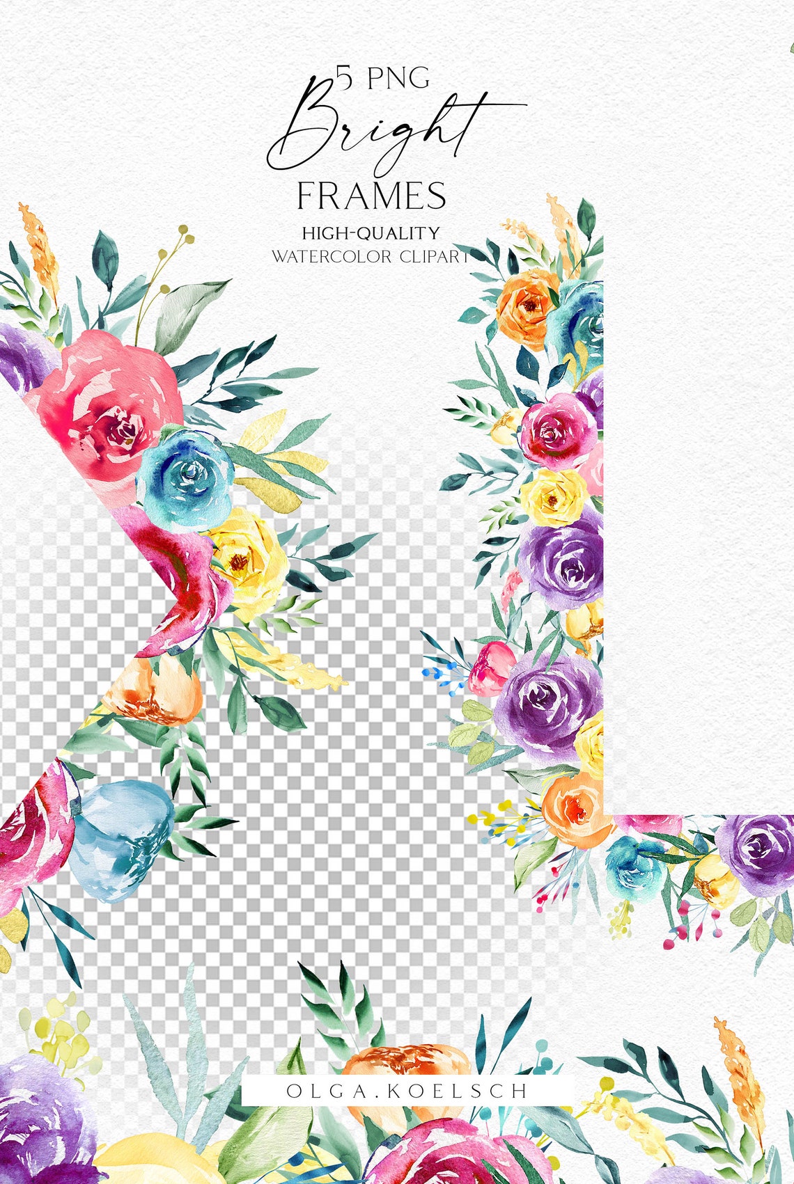 Bright Roses Frame Clipart Watercolor Summer Floral Borders - Etsy