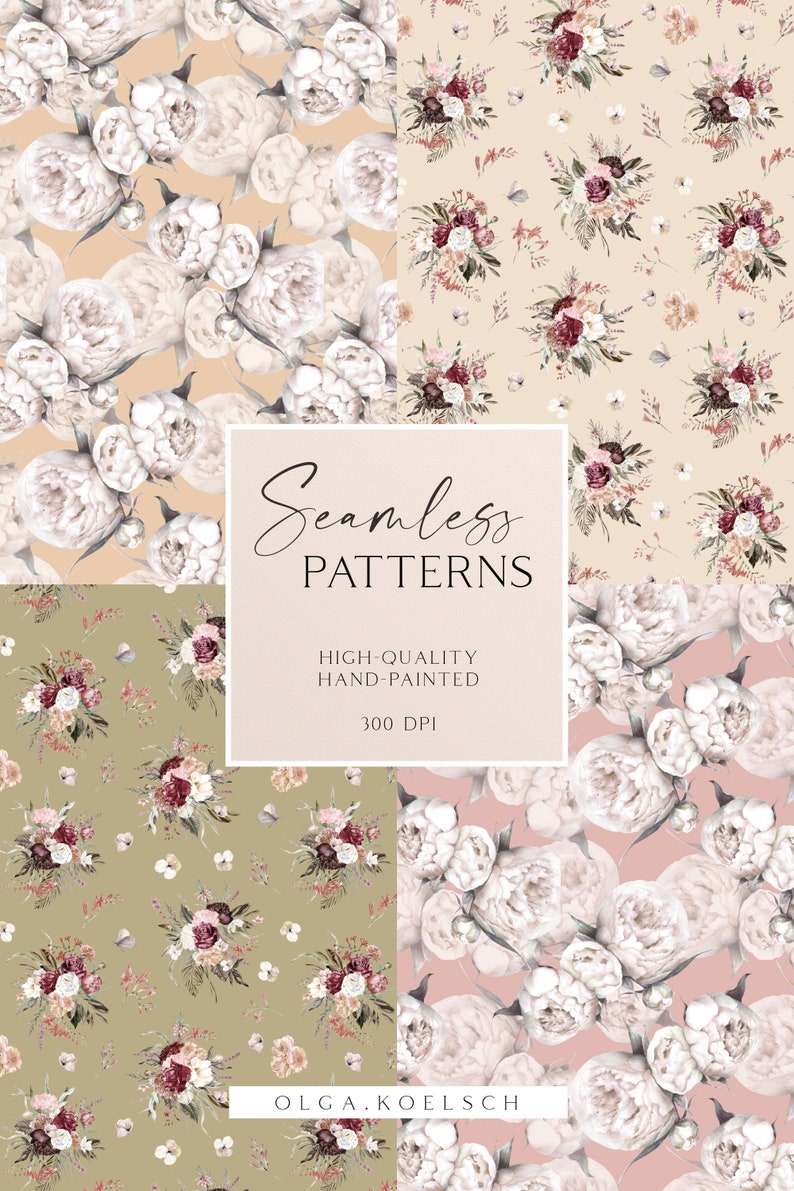 Boho Flowers Watercolor Digital Paper Dusty Pink Burgundy - Etsy