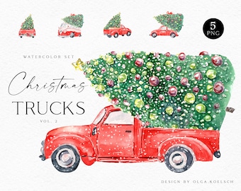 Camión navideño rojo en acuarela, clipart, árbol navideño PNG (descarga digital)