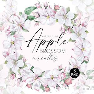Clipart de flor de maçã aquarela, coroa de flores brancas de flor de cerejeira png, flor de sakura png para casamento, dia das mães, chá de bebê