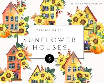 Watercolor Sunflower House Clip Art, Fall Pumpkin (Digital)