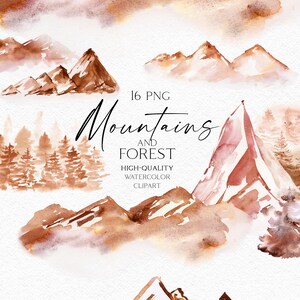 Watercolor mountain landscape clipart, Autumn forest landscape clip art, Travel clipart with watercolor backgrounds and greens 132