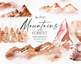 Watercolor mountain landscape clipart, Autumn forest landscape clip art, Travel clipart with watercolor backgrounds and greens 132
