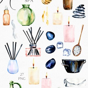 May include: Watercolor illustration of home spa items, including candles, essential oils, bath salts, and stones. The text "Home SPA" is written in cursive at the top of the image. There are 27 PNG images in this set.